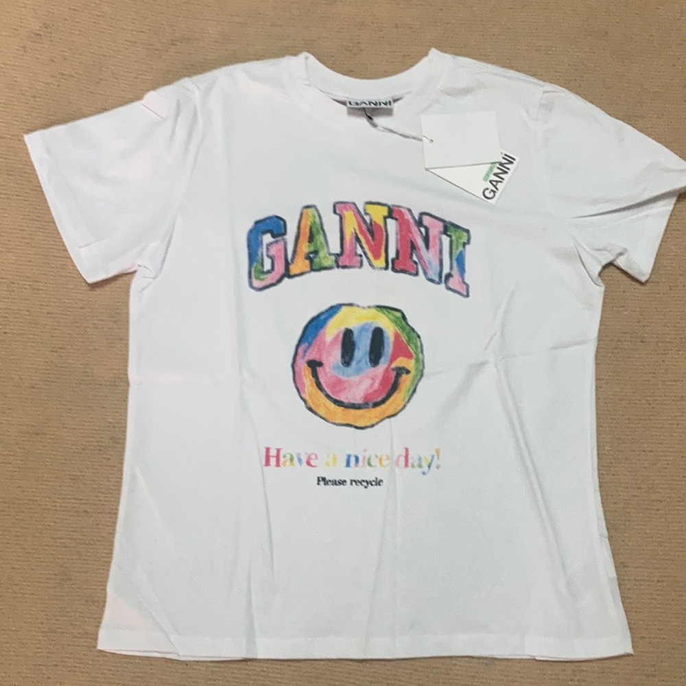 Ganni White Tee with Multicolor Graphic